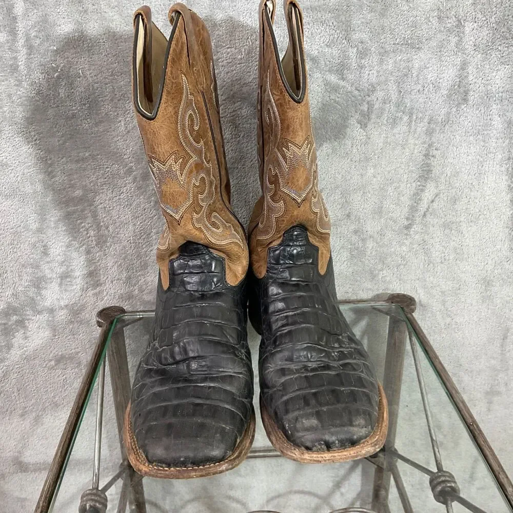 Old West Leather Cowboy Boots Mens 7D Broad Square Toe Horned Back Gator Print